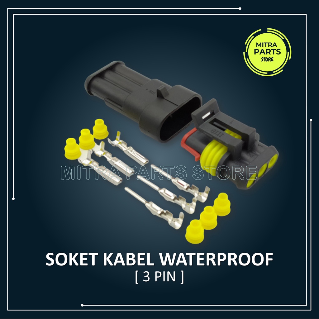 Soket Kabel Motor 3 Pin KECIL WATERPROOF isi 5 SET lengkap dengan Skun dan Karet anti Air