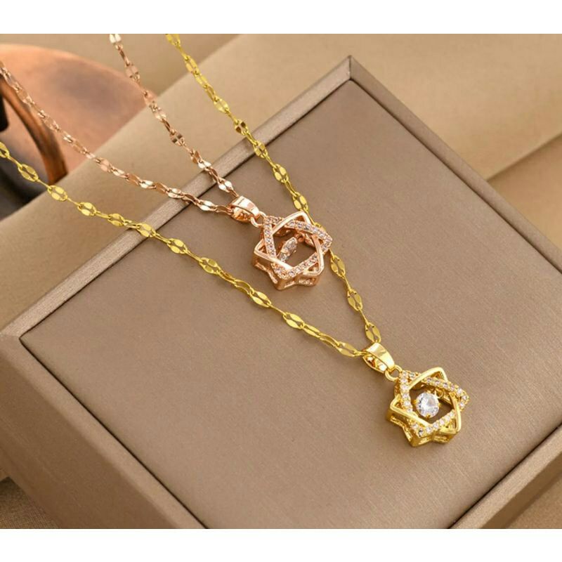 Kalung titanium wanita/Kalung titanium rantai liontin bintang kristal/Kalung titanium lapis emas asl