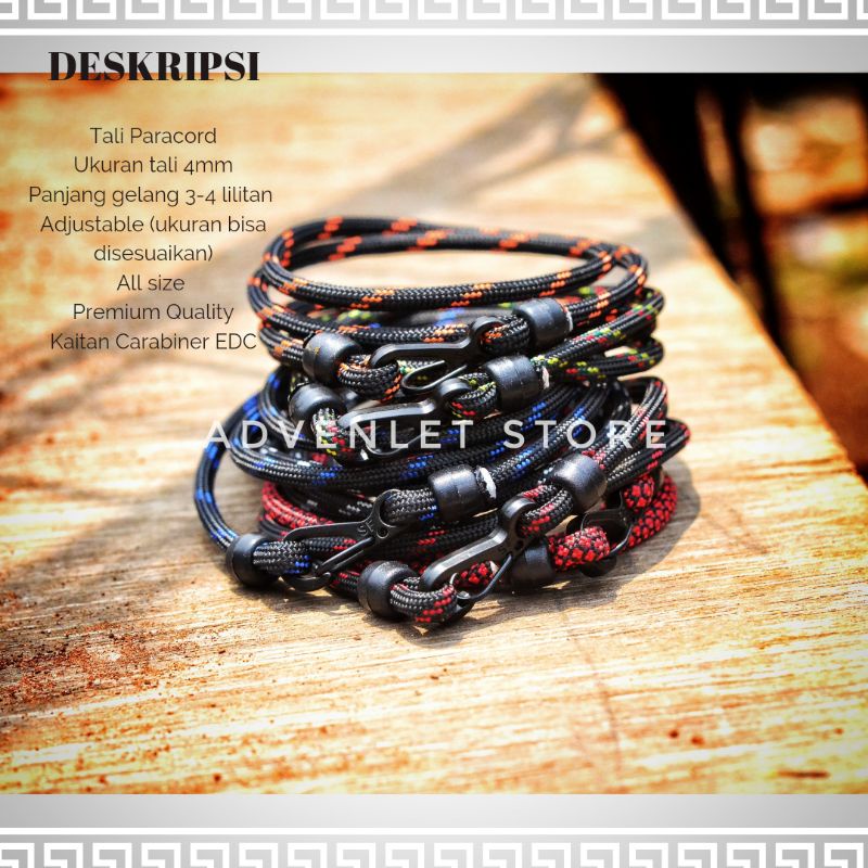 Gelang Hitam Pria Keren Tali Prusik Paracord 4mm Carabiner Edc Cowok Laki Aksesoris Tangan Premium Murah