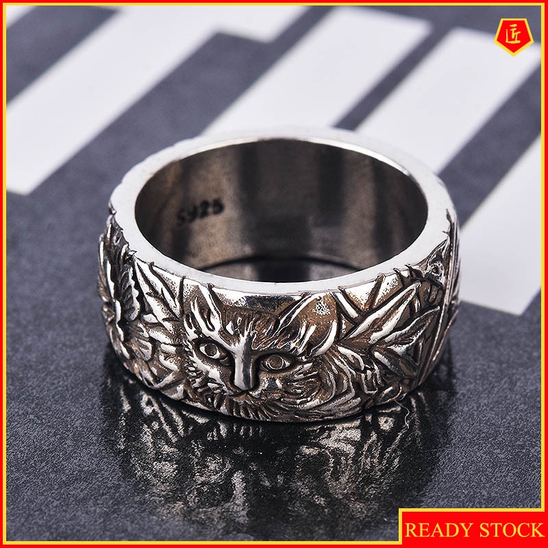 [Ready Stock]Retro Creative Carving Cat and Mouse Silver Ring