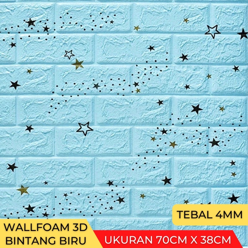 Wallpaper Stiker Dinding 3D Foam Batu Bata 70cm x 38cm-Bata Bintang Biru