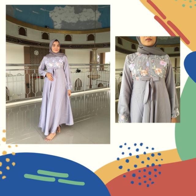 Gamis Kombinasi Tile Pita Abu Silver