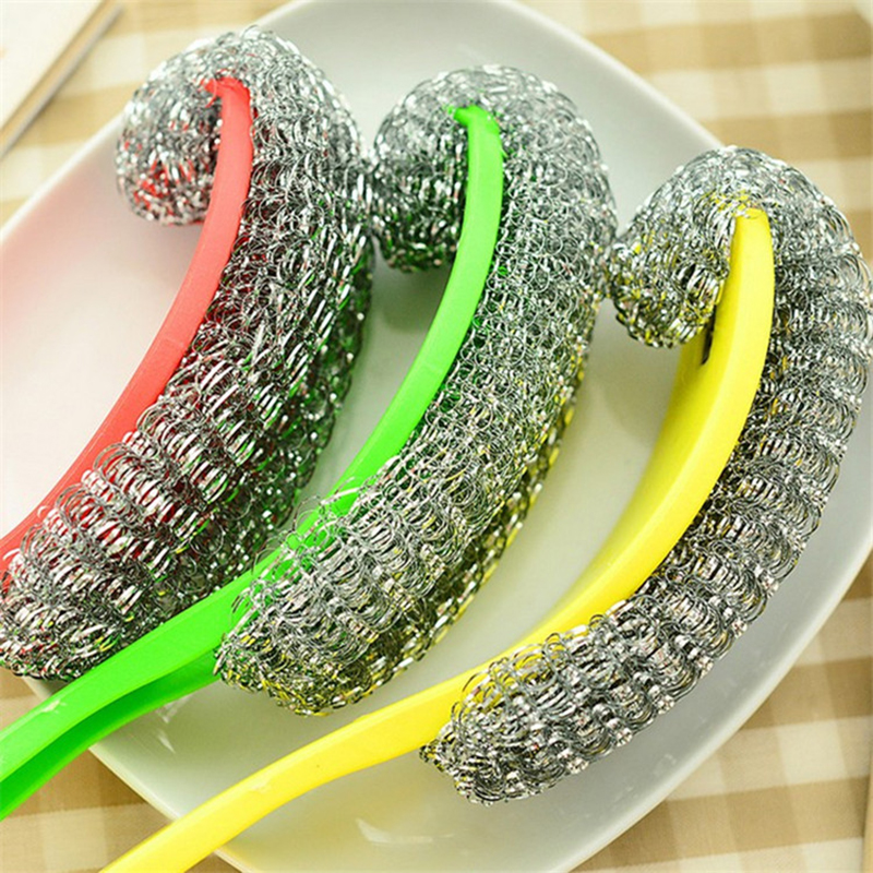 Stainless Steel Scrubber Dish Brush Pot Pan Clean Wire Ball Scrubber Sikat Pembersih Dengan Gagang Panjang Alat Dapur