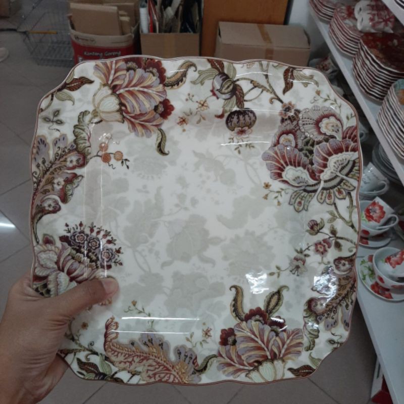 VINTAGE SQUARE DINNER PLATE PIRING KERAMIK SANGO MOTIF BUNGA JADUL ANTIK KLASIK KOLEKSI