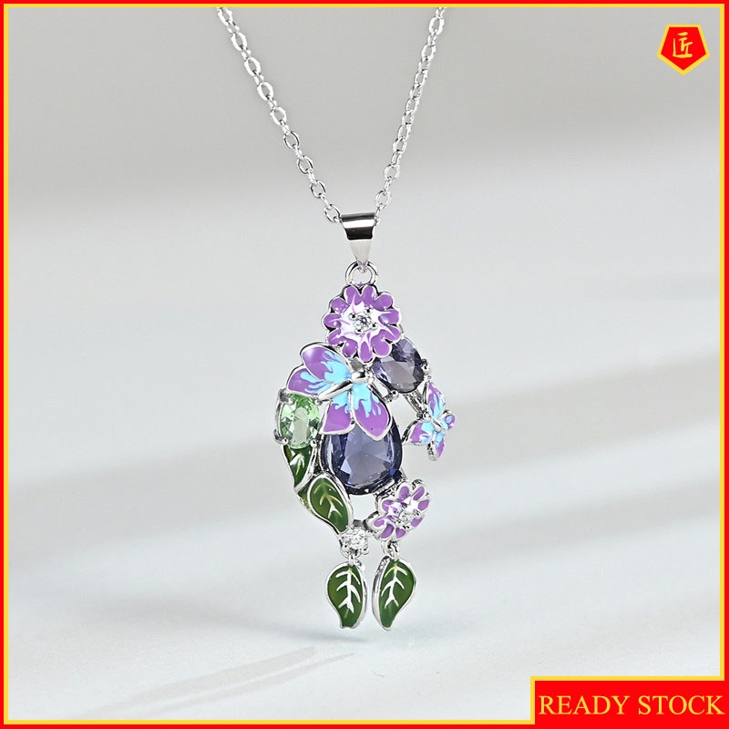 [Ready Stock]Fashion Inlaid Butterfly Pendant Long Leaf Flower Necklace