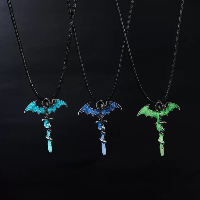 Kalung Lapis Silver Desain Naga Luminous Glow In The Dark Untuk Pria Dan Wanita