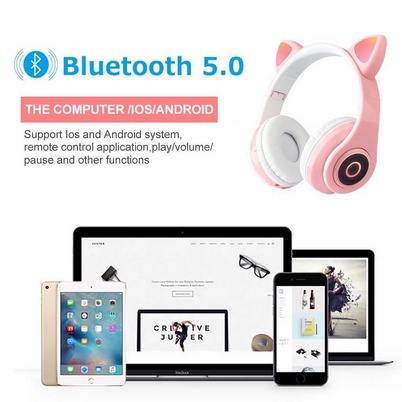 HEADSET BLUETOOTH 5.0 CAT EAR LED LIGHT / HEADPHONE TELINGA KUCING