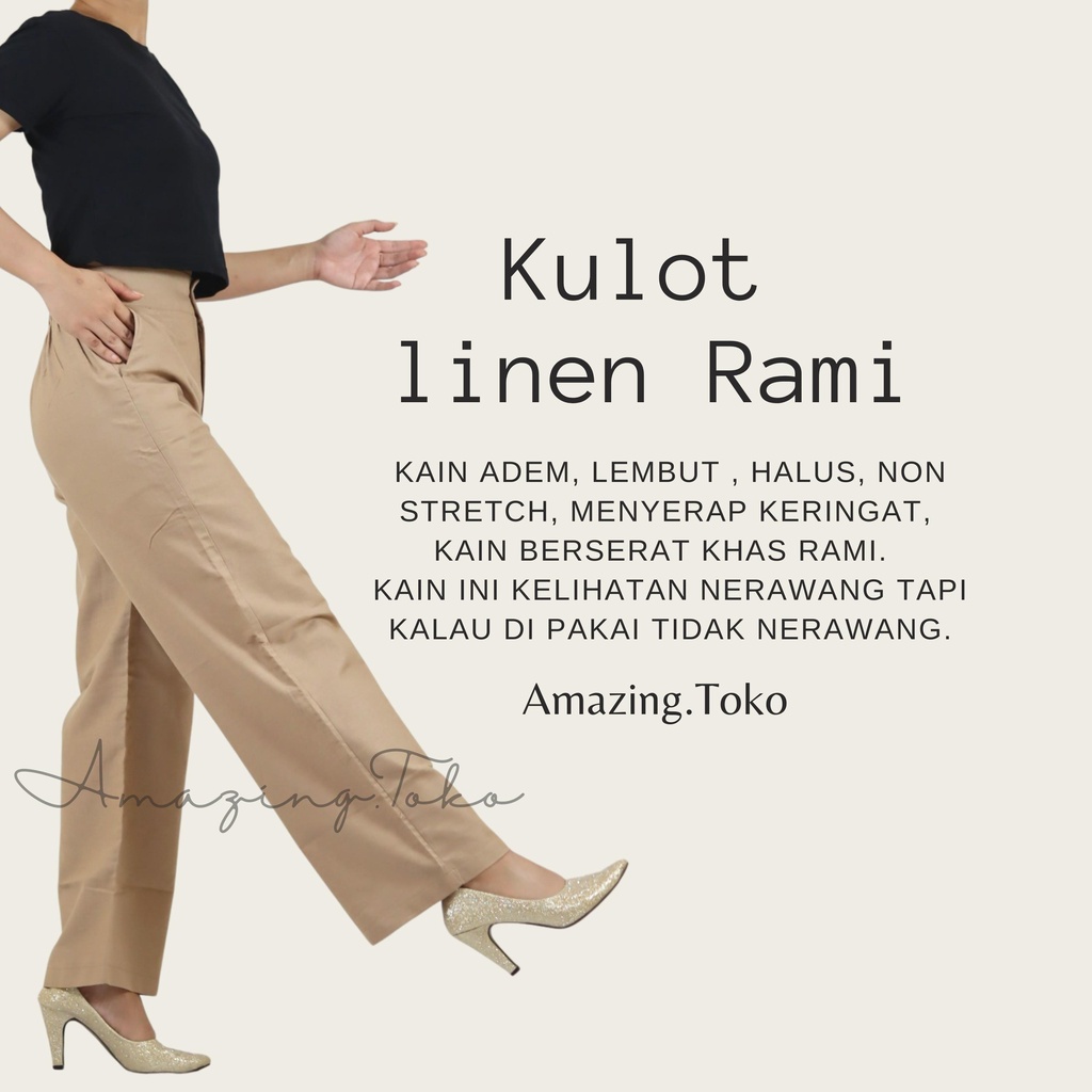 Celana Kulot Linen Rami Hight Waist Pakai Kancing dan Resleting