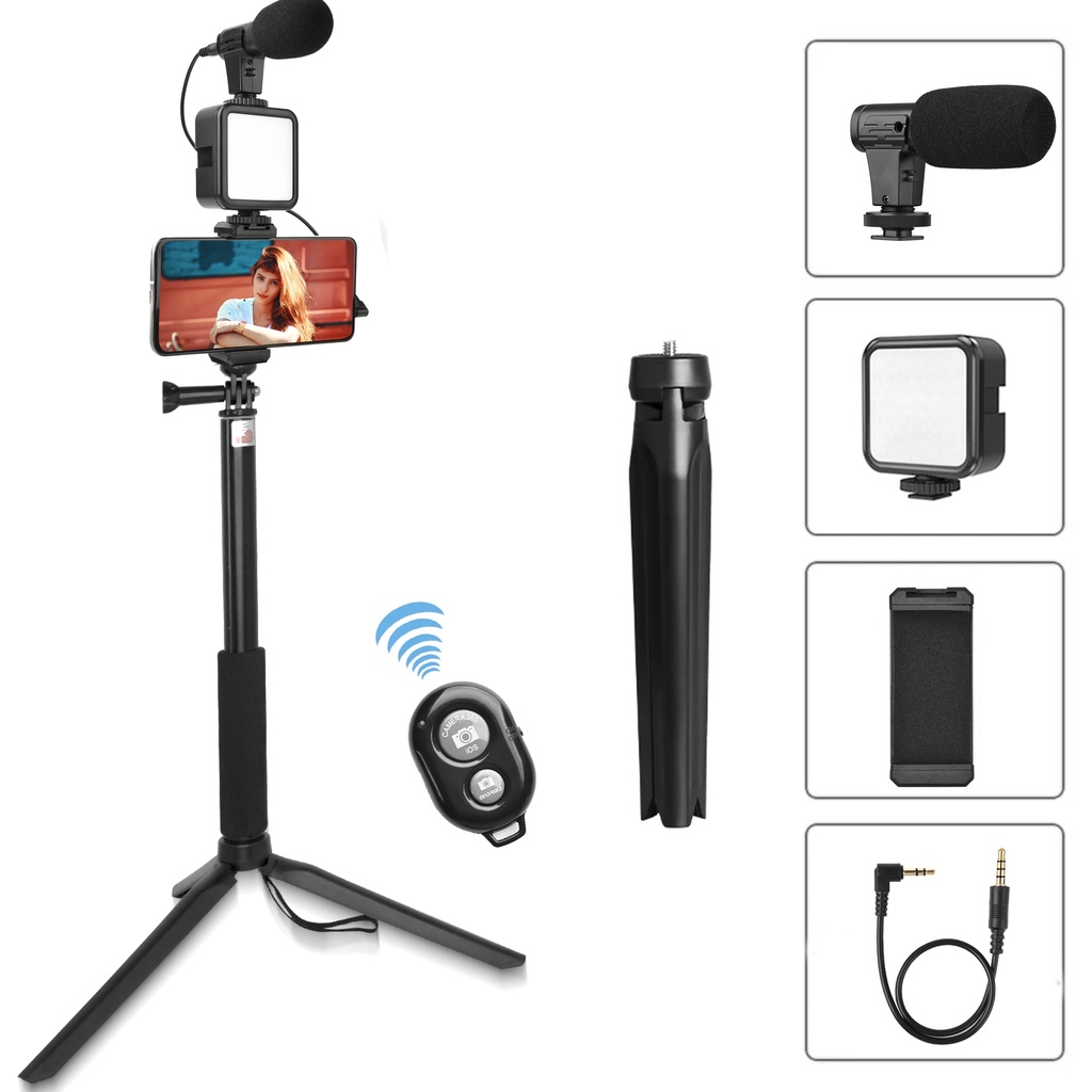 Mallcasing - Paket Tripod Aksesoris Video Making AY 49Z Mic LED With Stabilizer Grip Video Kamera Recording Livestream Tool Kit