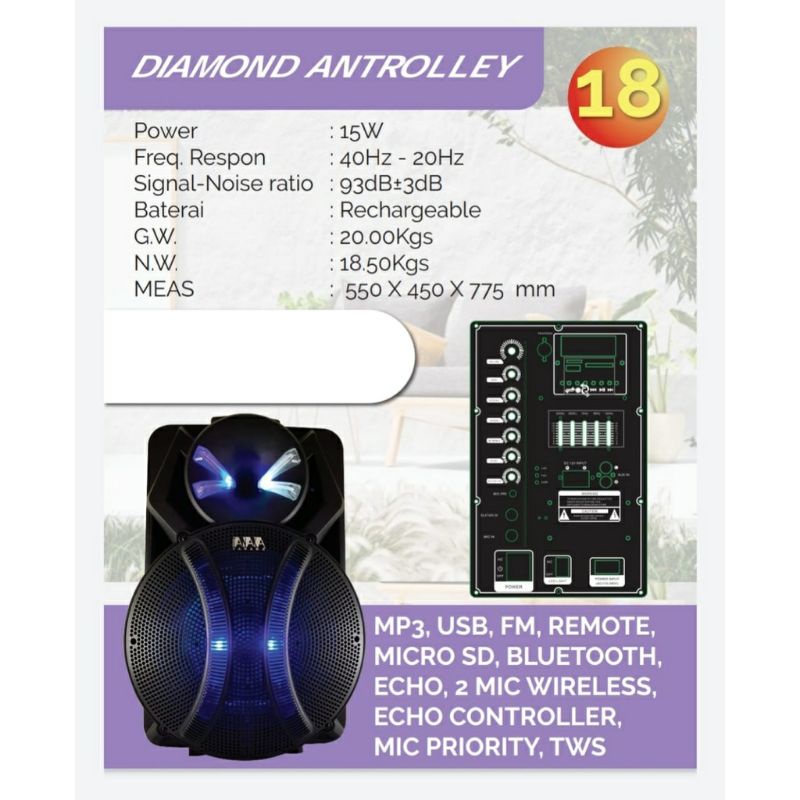 Speaker Ampli Meeting Bluetooth TANAKA DIAMOND ANTROLLEY - 18 Inch - FREE 2 MIC WIRELESS