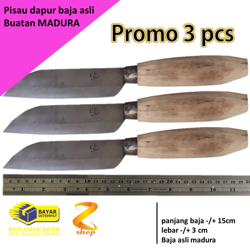 zaidun-PROMO 3 PCS -pisau dapur baja madura pisau baja asli madura paterongan  pisau madura asli
