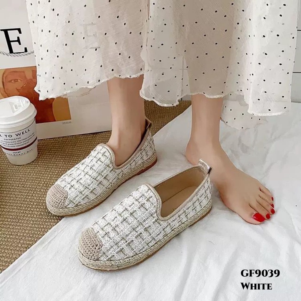 RESTOCK WYN SEPATU FLAT SHOES LINEN CLOTH PLAID ROUND GF9039