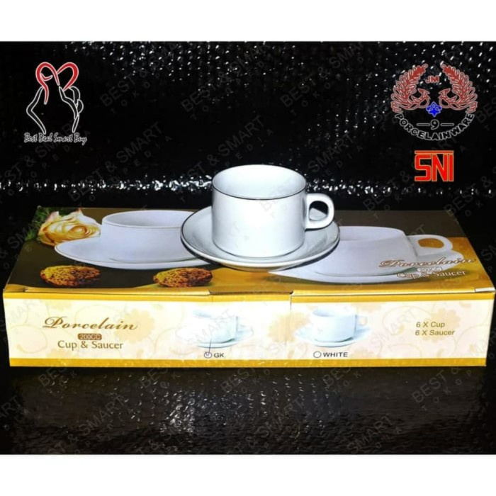 JUAL TEA CUP CANGKIR KECIL MINUM GAGANG + ALAS TATAK LEPEK SET BELING KERAMIK PORSELEN PUTIH LIS
