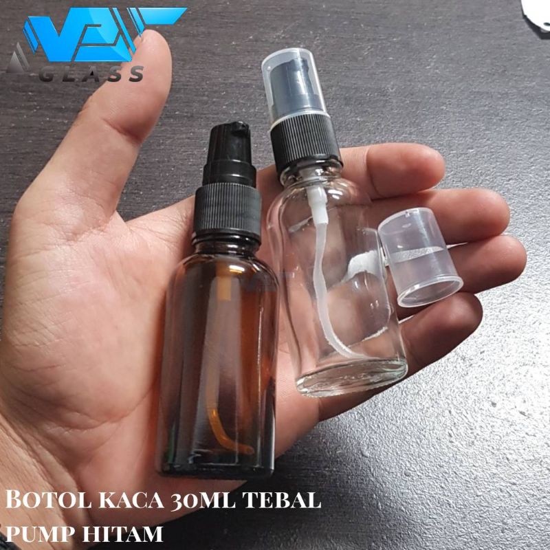 botol kaca 30ml pump hitam / botol kaca 30ml amber treatment pump