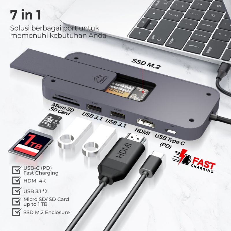 USB 3.1 Type c 7in1 HDMI 4K Hub + M.2 SSD Enclosure  PX UCH-600