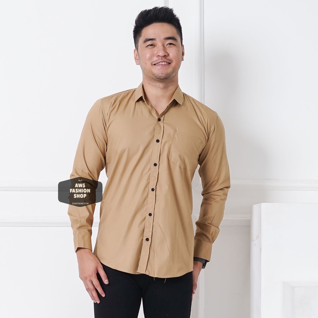 Kemeja Pria Lengan Panjang Polos Khaki Mocca Kemeja Slimfit Kemeja Polos Casual 819 - EightNineTeen