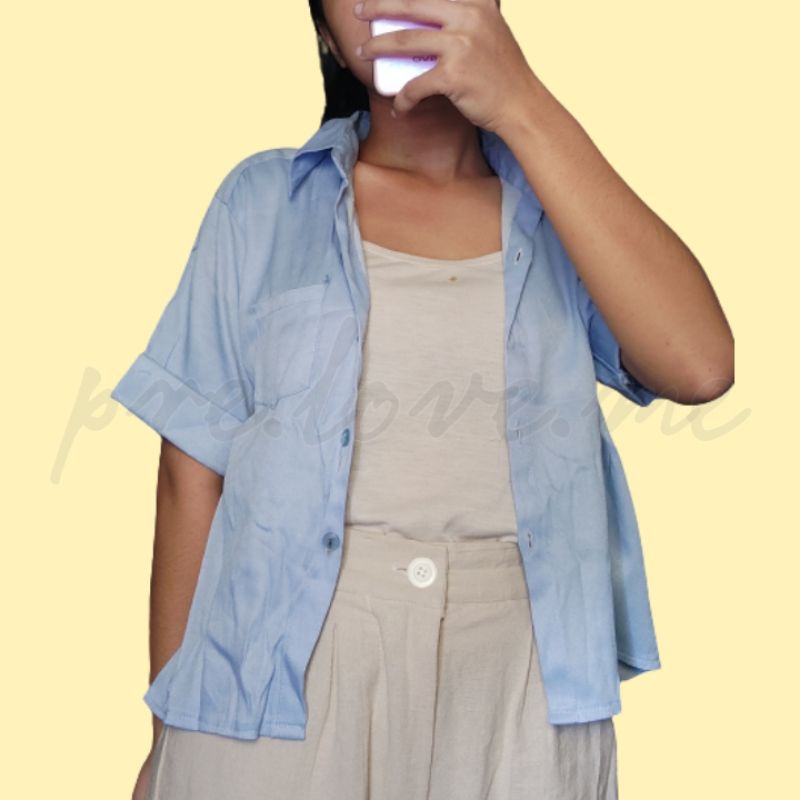 [PRELOVED/ THRIFT] KEMEJA BIRU CASUAL CROP/ KOREAN STYLE