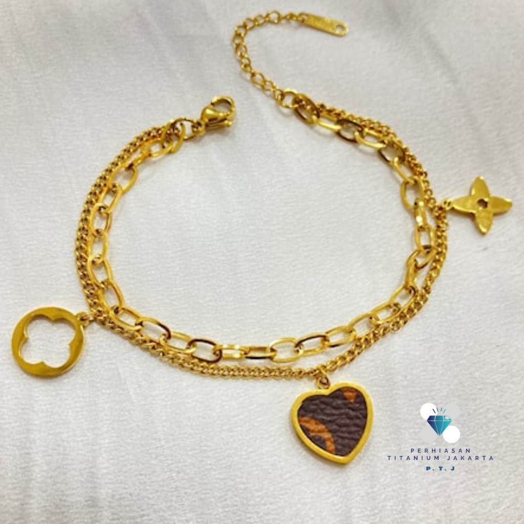 Gelang Rantai Dua Layer Titanium Asli Aksesoris Perhiasan Tangan Wanita Korea Bahan Anti Karat GLT-1