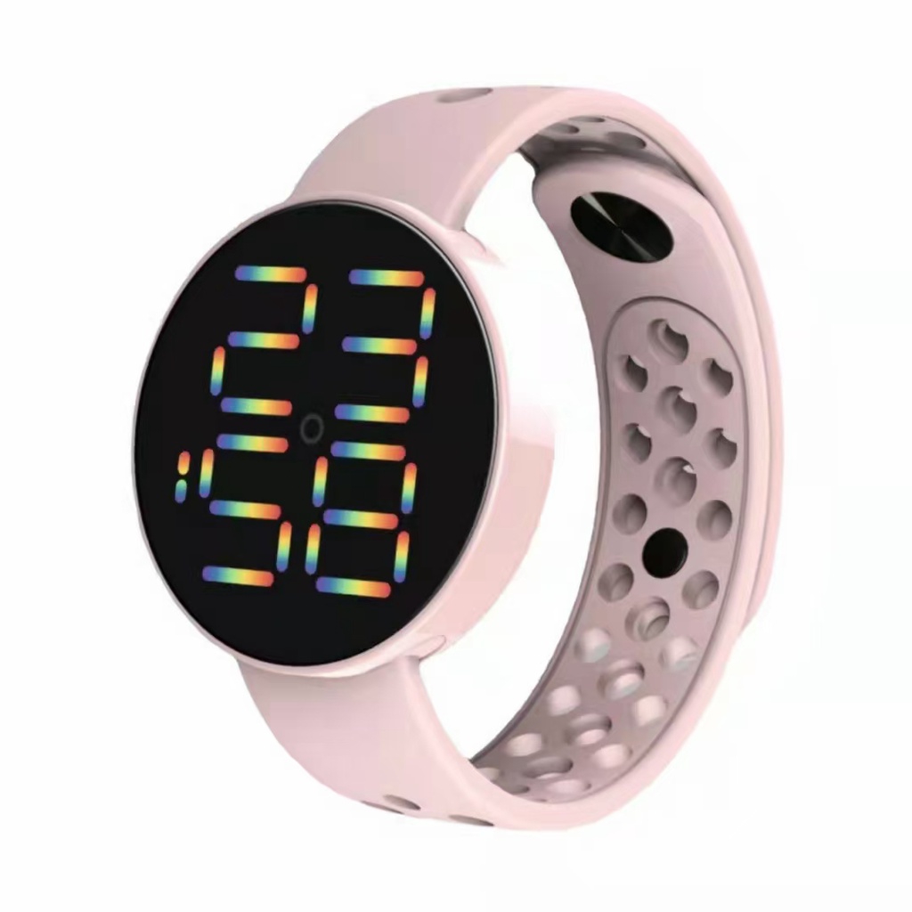 JAM TANGAN DIGITAL ANTI AIR MURAH RAINBOW WATCH KARET SPORT LED PRIA WANITA COUPLE HIGH QUALITY COD-PEACH
