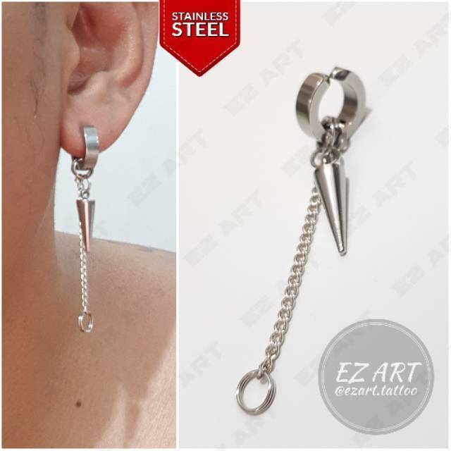 1Pc Model EZ-B Silver Anting Jepit Tusuk Variasi Bandul Gaya Punk Korea KPOP Stainless Steel Premium