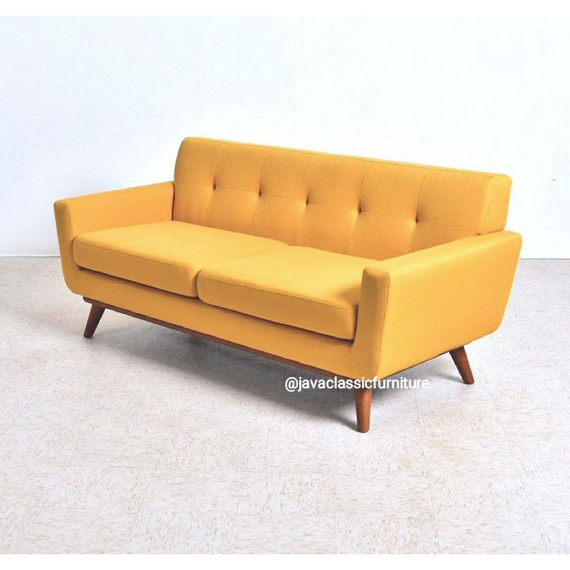 SOFA TV RETRO MINIMALIS SCANDINAVIA 2 SEATER KURSI SOFA BED RUANG TAMU KELUARGA VINTAGE DUDUKAN BUSA KAIN BLUDRU RANGKA JATI-2