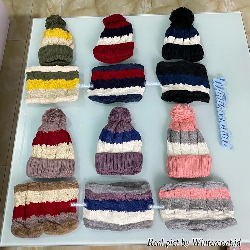 Topi kupluk wanita hangat import rajut winter hat musim dingin korea anak beanie set neck warmer kim