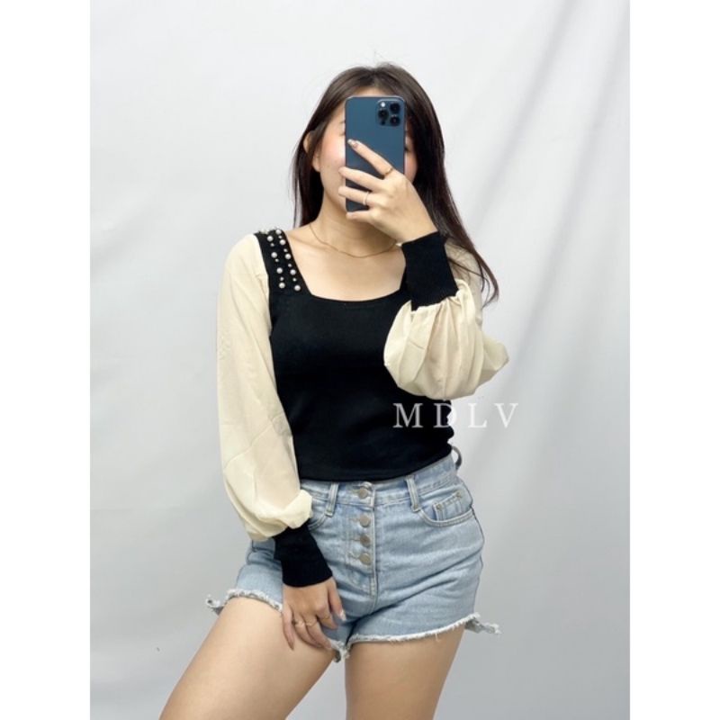 ATASAN RAJUT KNIT IMPORT SEMI CROP WOMAN TOP MOTE MUTIARA BAJU PEREMPUAN KUALITAS IMPOR WOMAN KERAH SQUARE