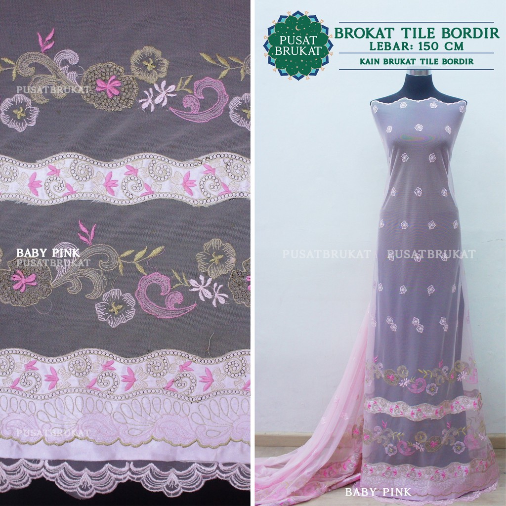 KAIN BRUKAT TILE BORDIR / BROKAT TULLE BORDIR BABY PINK, LEBAR 150CM [harga per 0.5m]