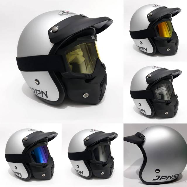 Helm Jpn Retro Silver Dof Dengan Goggle mask