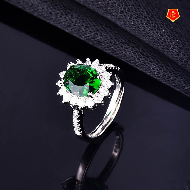 [Ready Stock]Elegant Inlaid Oval Natural Emerald Ring