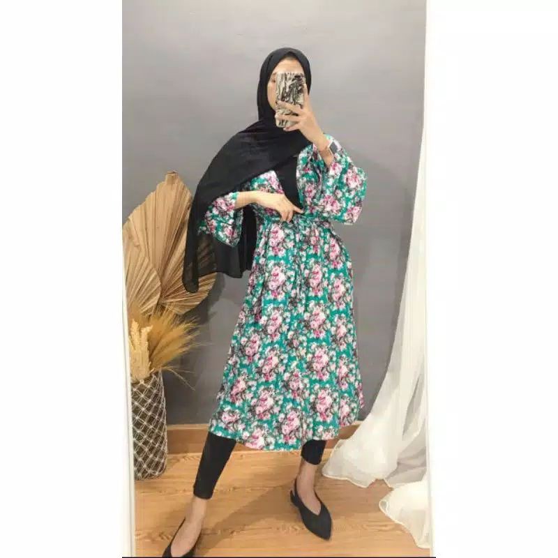 Long dress tunik motif  bunga muat XXL