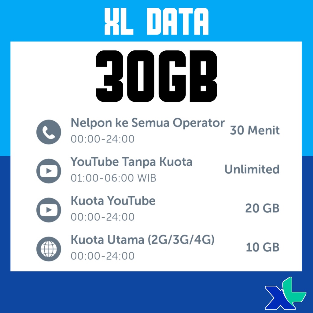 Paket Internet XL Combo 30GB XL DATA KUOTA XTRA Combo 10 GB + 20GB Youtube 30 Hari