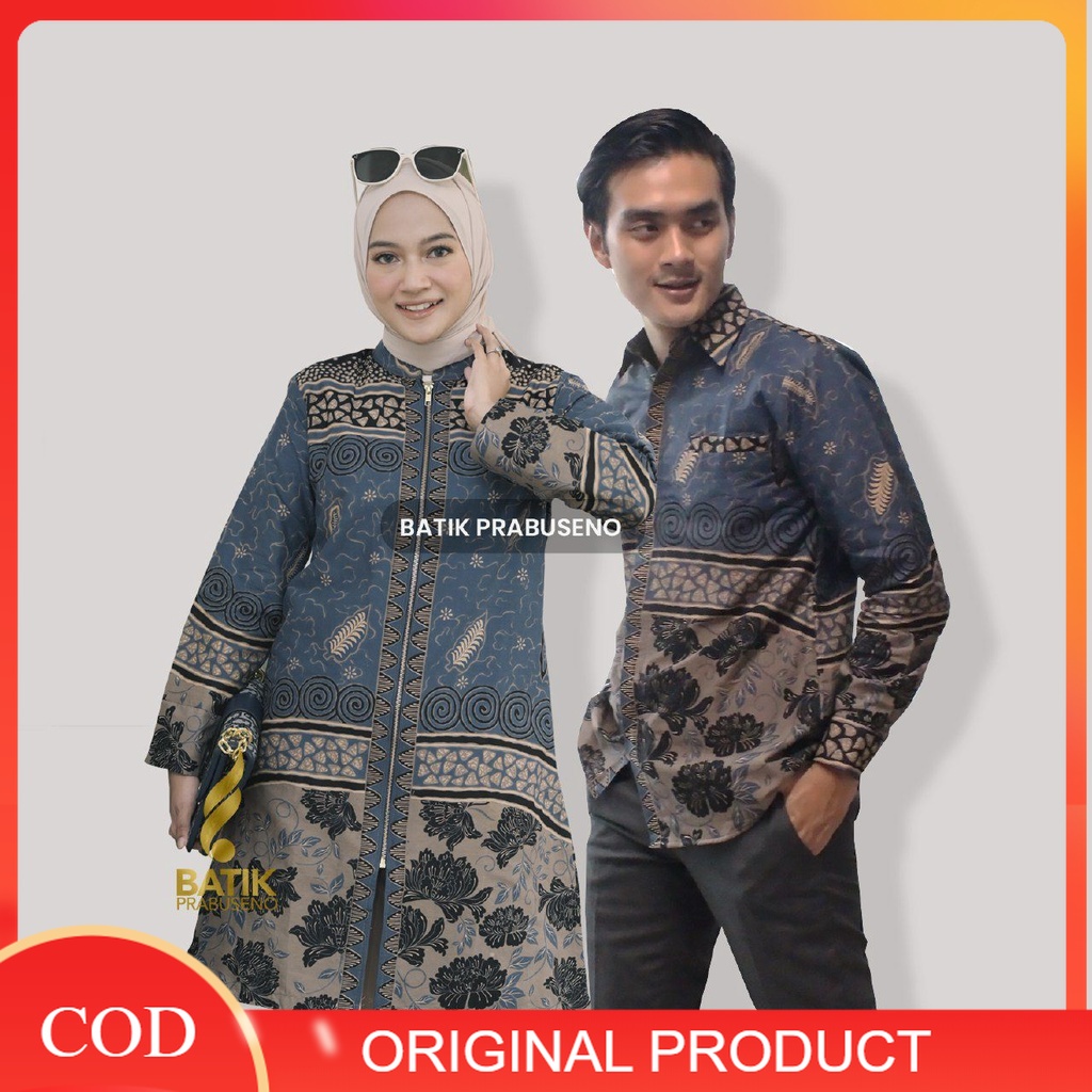 Batik Couple Terbaru 2022 Original Batik Prabuseno Wanda Biru  Pria Slimfit Lengan Panjang Dan Tunik