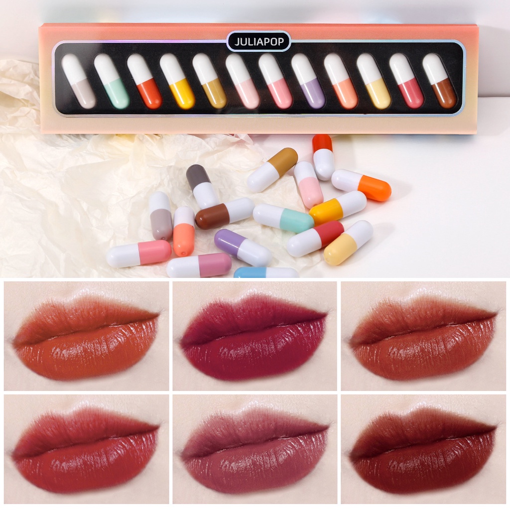 ✨COD✅【CAPSULE VELVET LIPSTICK】"Pesona Mode, Set Lipstik 12 Warna Matte Dalam Kemasan Kapsul yang Uni