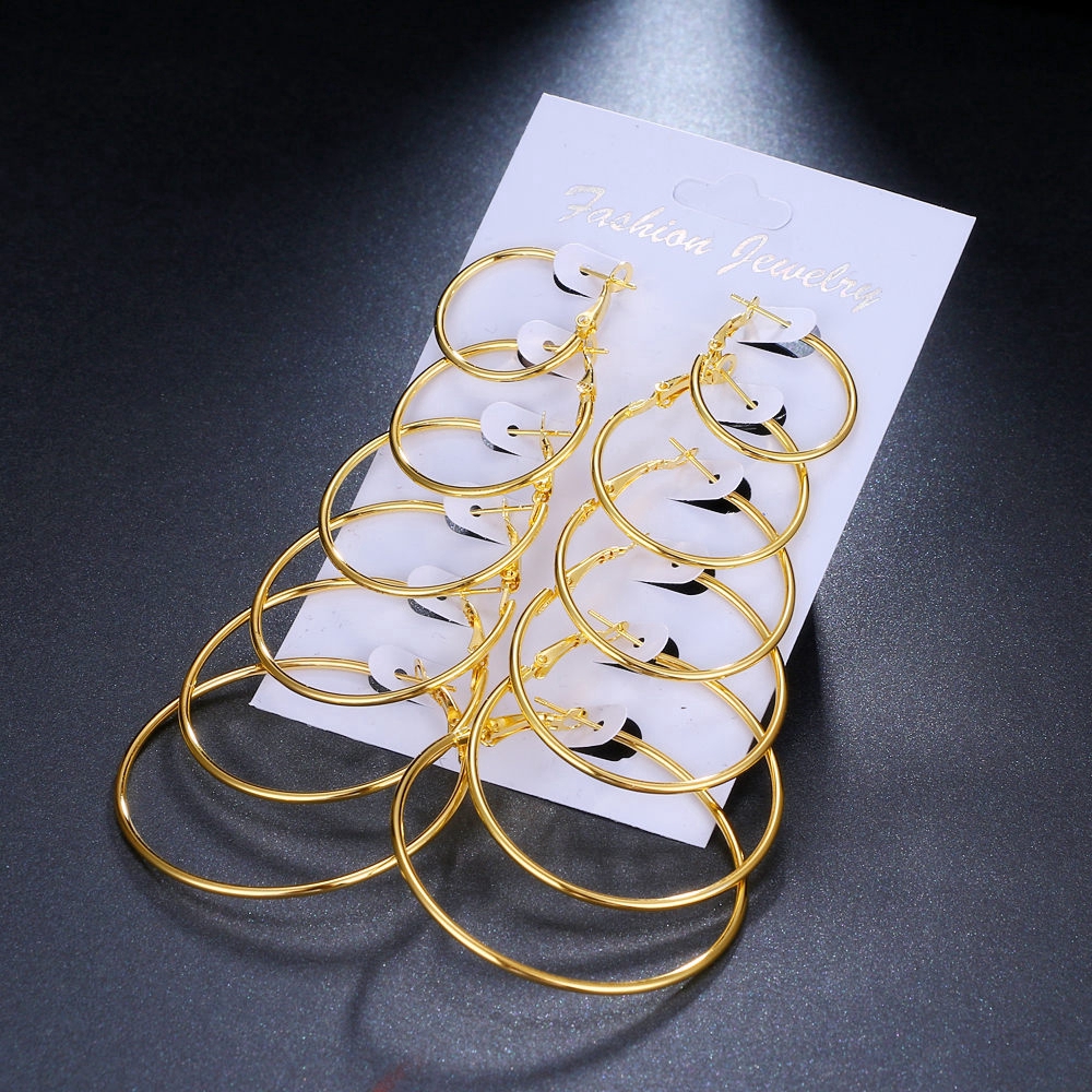 6 Pasang / Set Anting Bulat Besar Minimalis Warna Gold / Silver untuk Wanita