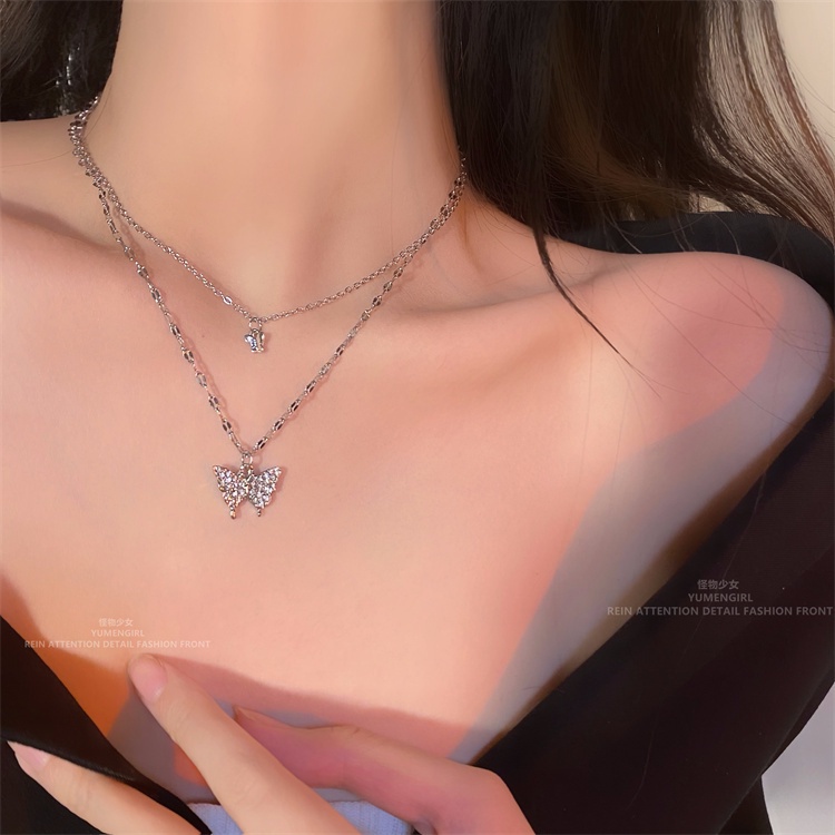 Kalung choker double Layer Aksen Kupu-Kupu Berlian