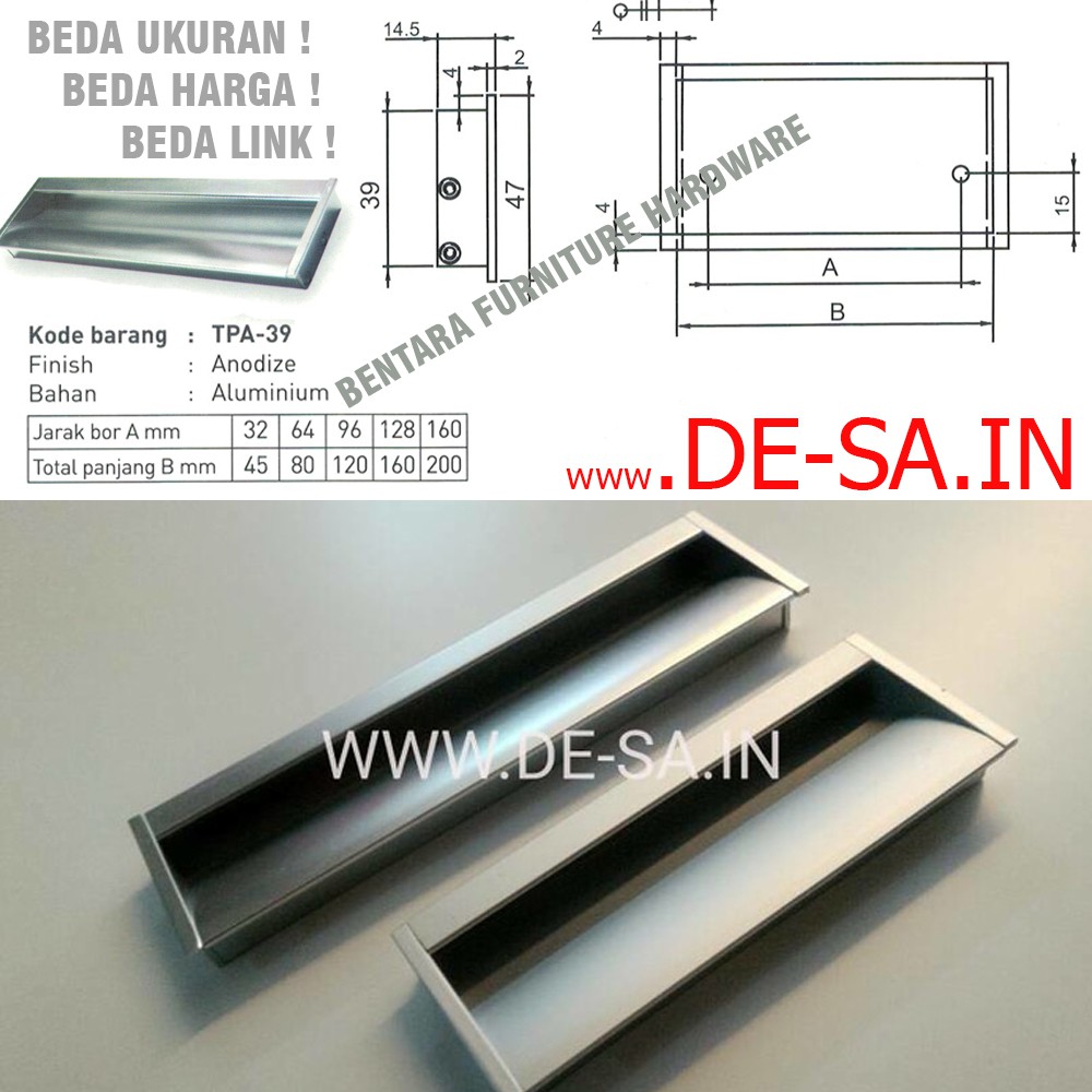 HUBEN TPA-39 32 MM ANODIZE - Tarikan Laci Tanam Meja Lemari Kabinet Gagang Pintu Handle Drawer Aluminium