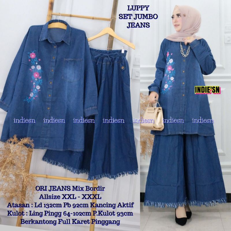 Luppy Set Jumbo Jeans By INDIE'SN • Setelan Jeans Wanita • Atasan Blouse Tunik Kulot Celana Panjang 