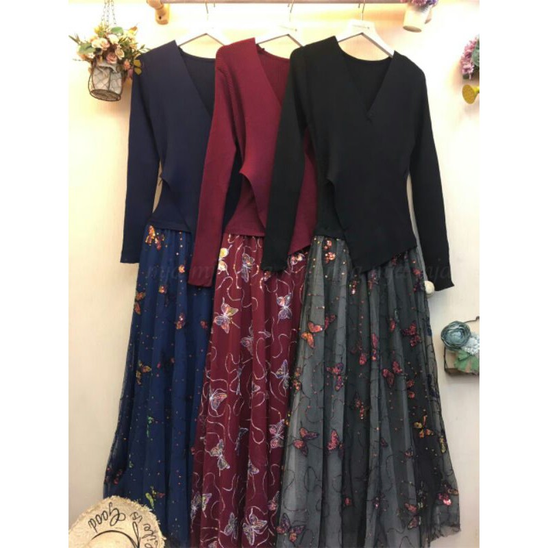 Set Rok Tutu Kupu - Kupu Import / Rok Setelan Wanita Kekinian Terbaru / Dress Gamis Muslim Muslimah