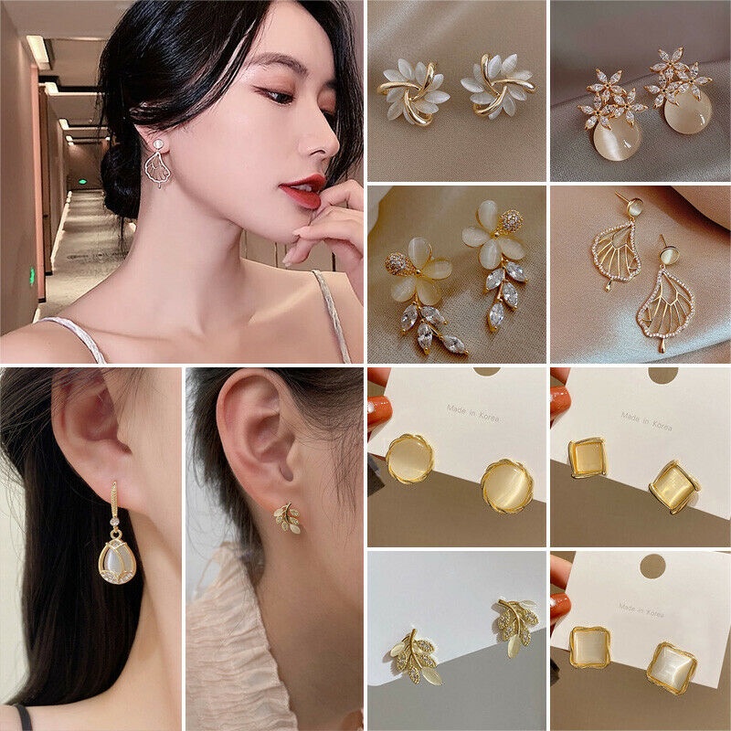 Fashion Gold Flower Opal Crystal Stud Earrings Hooks Water Drop Dangling Female Jewelry