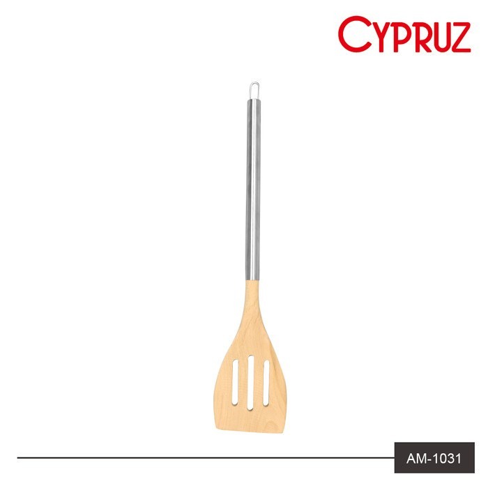 Spatula Cypruz AM-1031 Slotted Turner Sutil Kayu Gagang Stainless 36cm