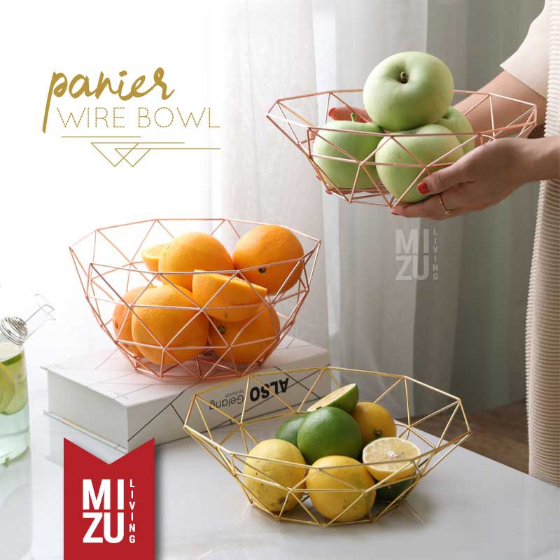 PANIER Wire Bowl Fruit Container Gold Baskom Buah Serbaguna Keranjang Dekorasi Kawat Bakul Jala Emas