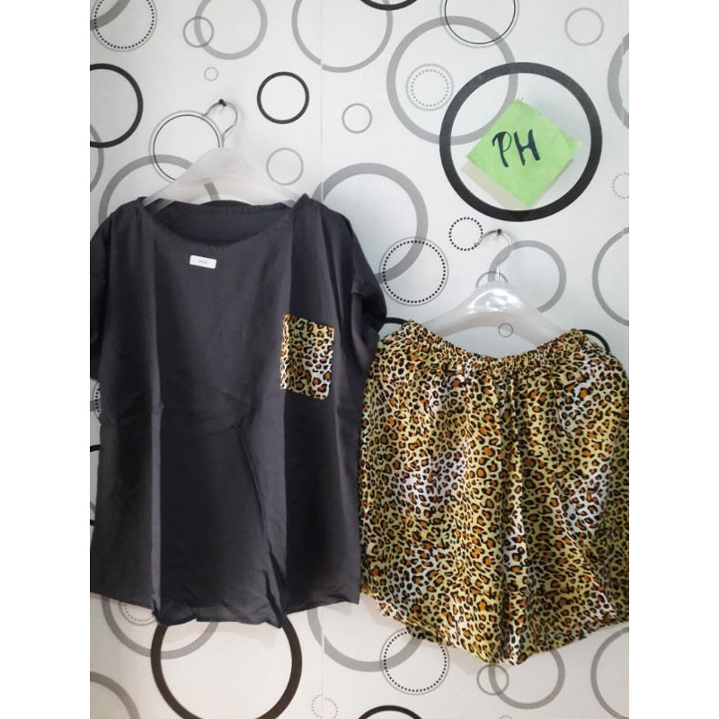 PAJAMAS SET PENDEK KATUN RAYON MOTIF LEOPARD