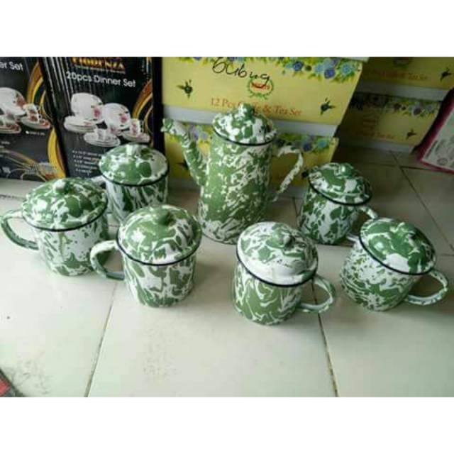 Set teko & cangkir mug gelas blirik enamel seng jadul