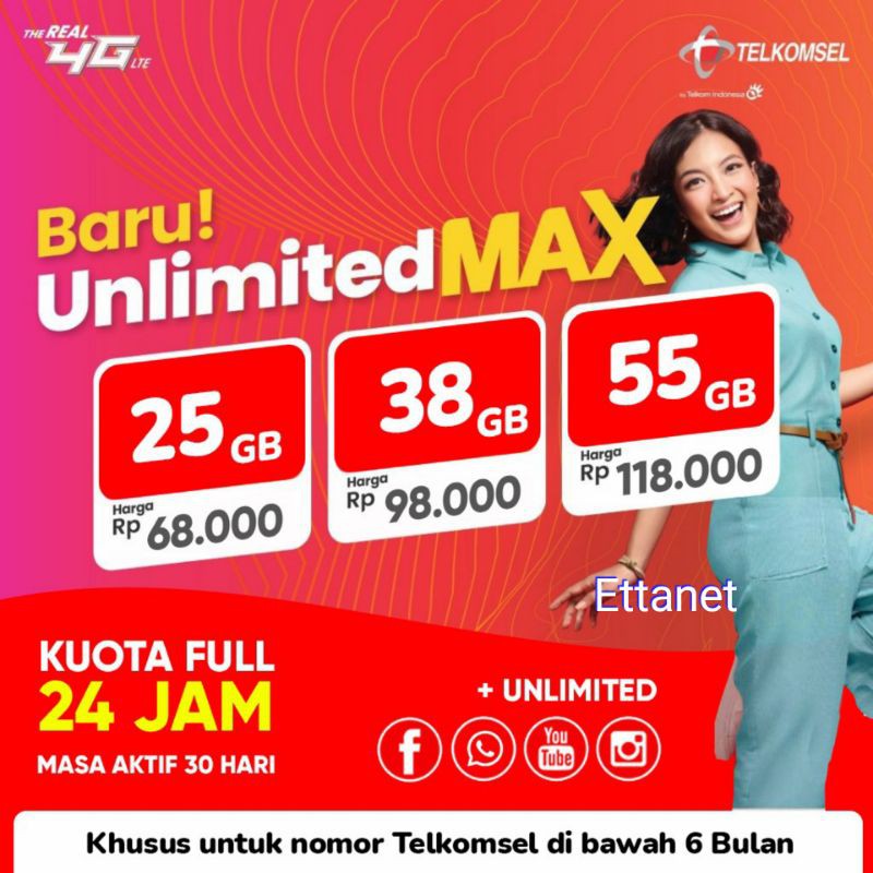 Promo Kouta Internet Telkomsel Unlimited 25GB 38GB 55GB Full 24JAM