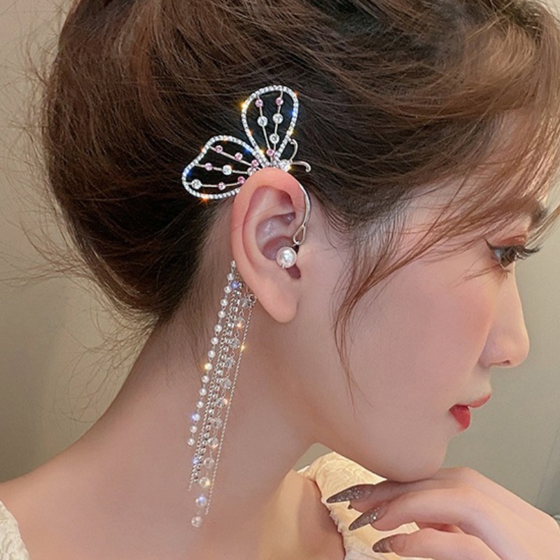 1pc Anting Klip On Model Butterfly Aksen Mutiara Kristal Untuk Wanita