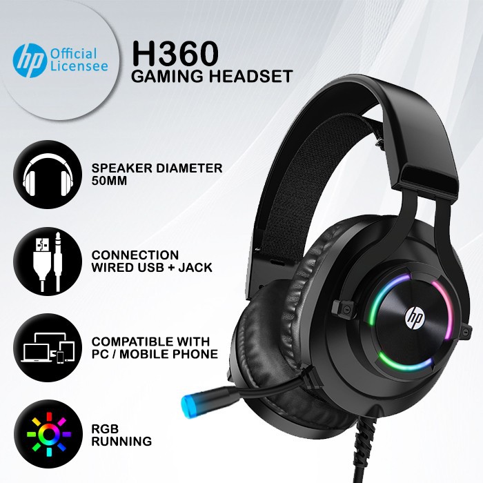 head seadset Gaming HP H360 - RGB LED USB+Jack Wired jak 3,5mm original garansi resmi 1 tahun