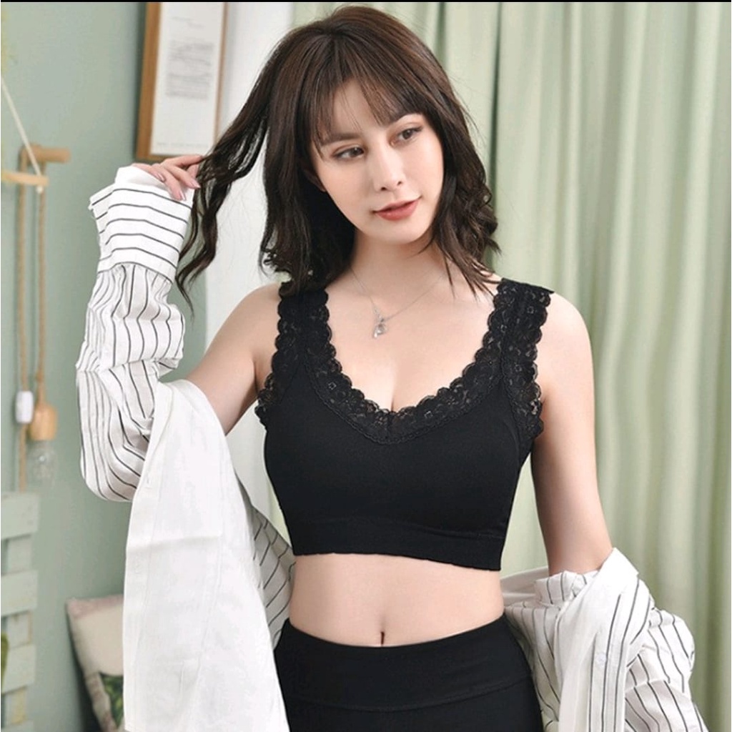 Bra Seamless Rajut Renda Korea V Neck BH Model Bunga Tanpa Kawat Elastis Sexy Bralette