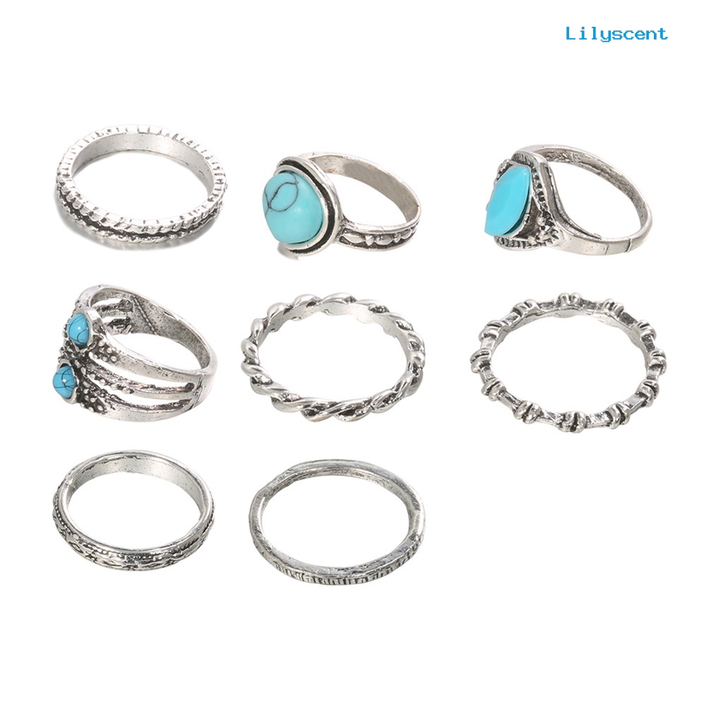 8pcs Cincin Jari Bentuk Lingkaran Aksen Turquoise Imitasi Gaya Retro Bohemian Untuk Wanita