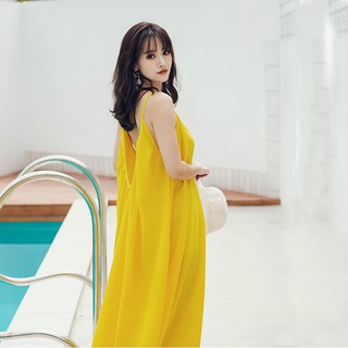  Long  Dress  Maxi Model Longgar Warna Kuning Bahan  Sifon 